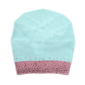 Женская шапка стиля Casual в цветовой комбинации: тиффани и фрезовый с кристаллами