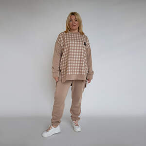 Женский спортивный костюм на флисе в клетку, цвет капучино