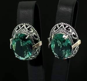 Серебряные серьги 925 пробы с золотом 375 пробы 10,2 г с зелеными Альпінітами 16,44 к