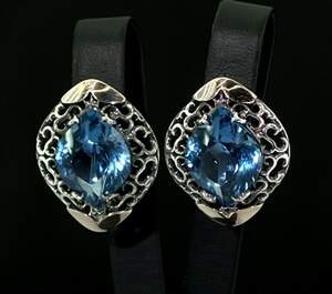 Серебряные серьги 925 пробы с золотом 375 пробы 11,17 г с Топазами Лондон Блу 10,42 карат