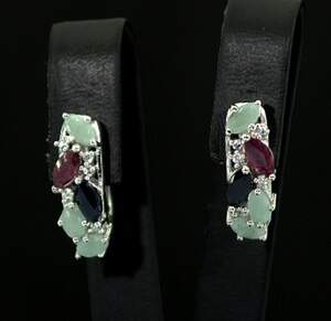 Серебряные серьги 925 пробы 4,71 г с Сапфірами, рубинами та смарагдами АААА 3,45 карат