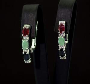 Серебряные серьги 925 пробы 5,1 со шри-ланкийскими Сапфірами, бразильскими Изумрудами, африканскими Роял Рубінами класса АААА и цирконами 3,83 карат