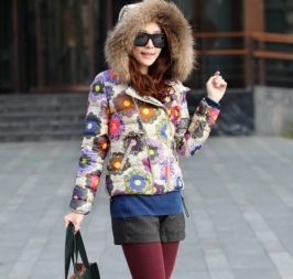 Winter Furry Hooded Colorful Flower Multi Zipper Quilted Coat